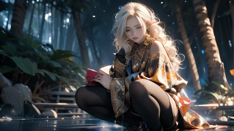 （（（masterpiece）））， （（（Best quality））））， Official Art， Extremely detailed CG unity 8k wallpaper， （（sketch）））， night， rain， Beautiful and detailed sky， Complex clothing，Gorgeous clothing，Beautiful and delicate water， Game CG， Huge file size， sketch， solo， girl，Angelic， 长White hair， White hair， Wet hair， Hair between the eyes， Hair behind the ears， White eyelashes， Beautiful and delicate eyes， Expressionless eyes， Yellow eyes， Half closed eyes， shoe， Halo， Cross necklace， look down， squat，Blow dry hair， Feather ornament， Leaf hair ornaments， in the forest， Lakeside， （（The flattest）））， （（（Gold Robe）））， Long sleeve， bandage， White eye mask， Elf ears， （（（Golden Wings））），Phoenix，Phoenix翅膀，Holy Light