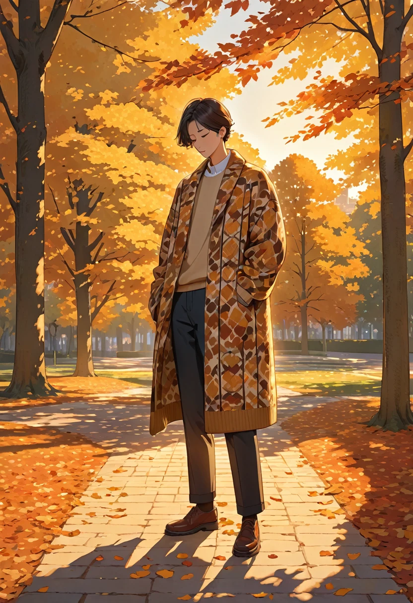 The image shows a person wearing a patterned sweater, standing outdoors in what appears to be a park or wooded area. The setting sun casts a warm, golden light, creating long shadows on the ground covered with fallen leaves. The person is holding a coat or jacket against their body with one arm while the other arm is crossed, holding the sweater. The surrounding trees contribute to a peaceful and serene autumn atmosphere.