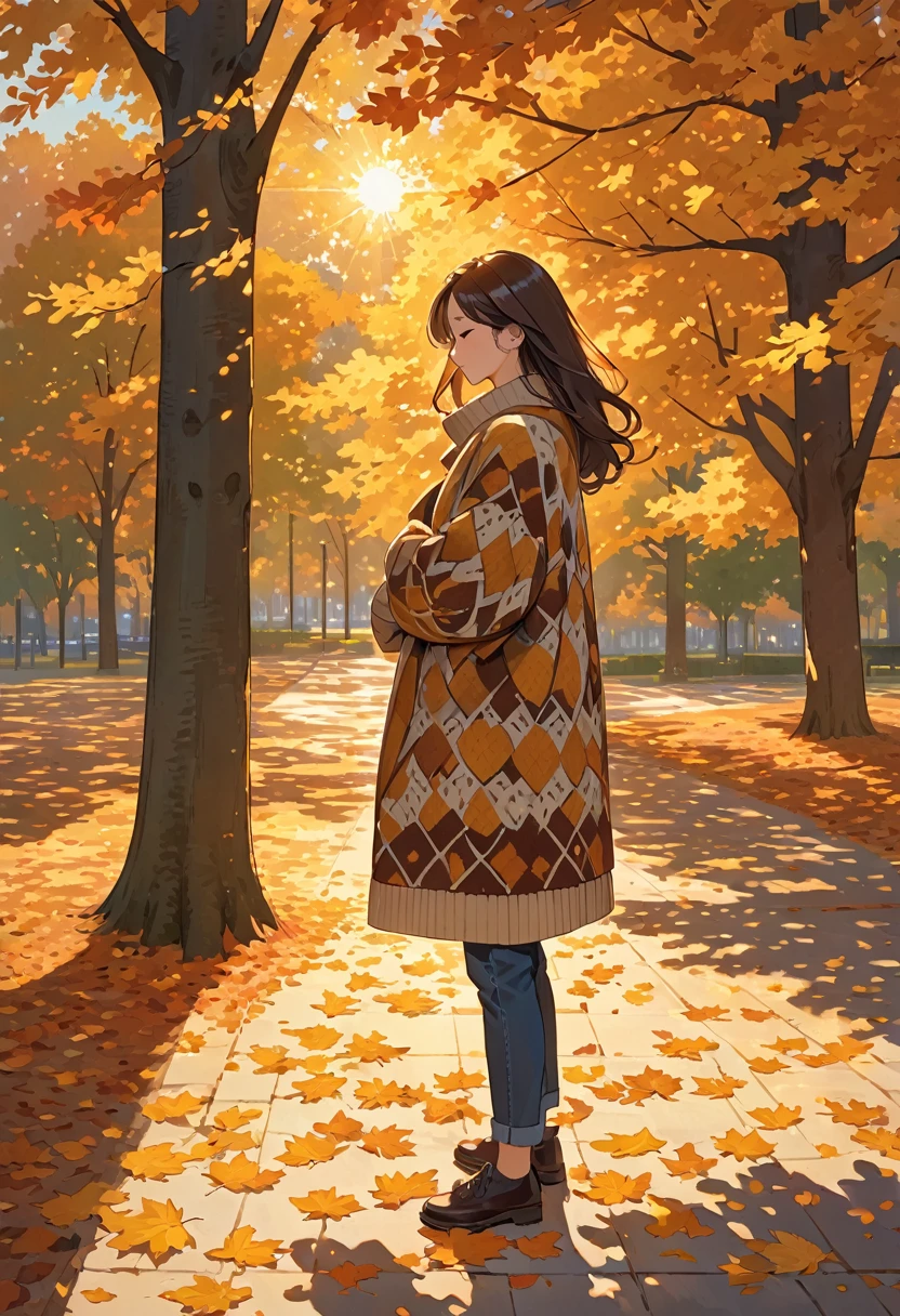 The image shows a person wearing a patterned sweater, standing outdoors in what appears to be a park or wooded area. The setting sun casts a warm, golden light, creating long shadows on the ground covered with fallen leaves. The person is holding a coat or jacket against their body with one arm while the other arm is crossed, holding the sweater. The surrounding trees contribute to a peaceful and serene autumn atmosphere.