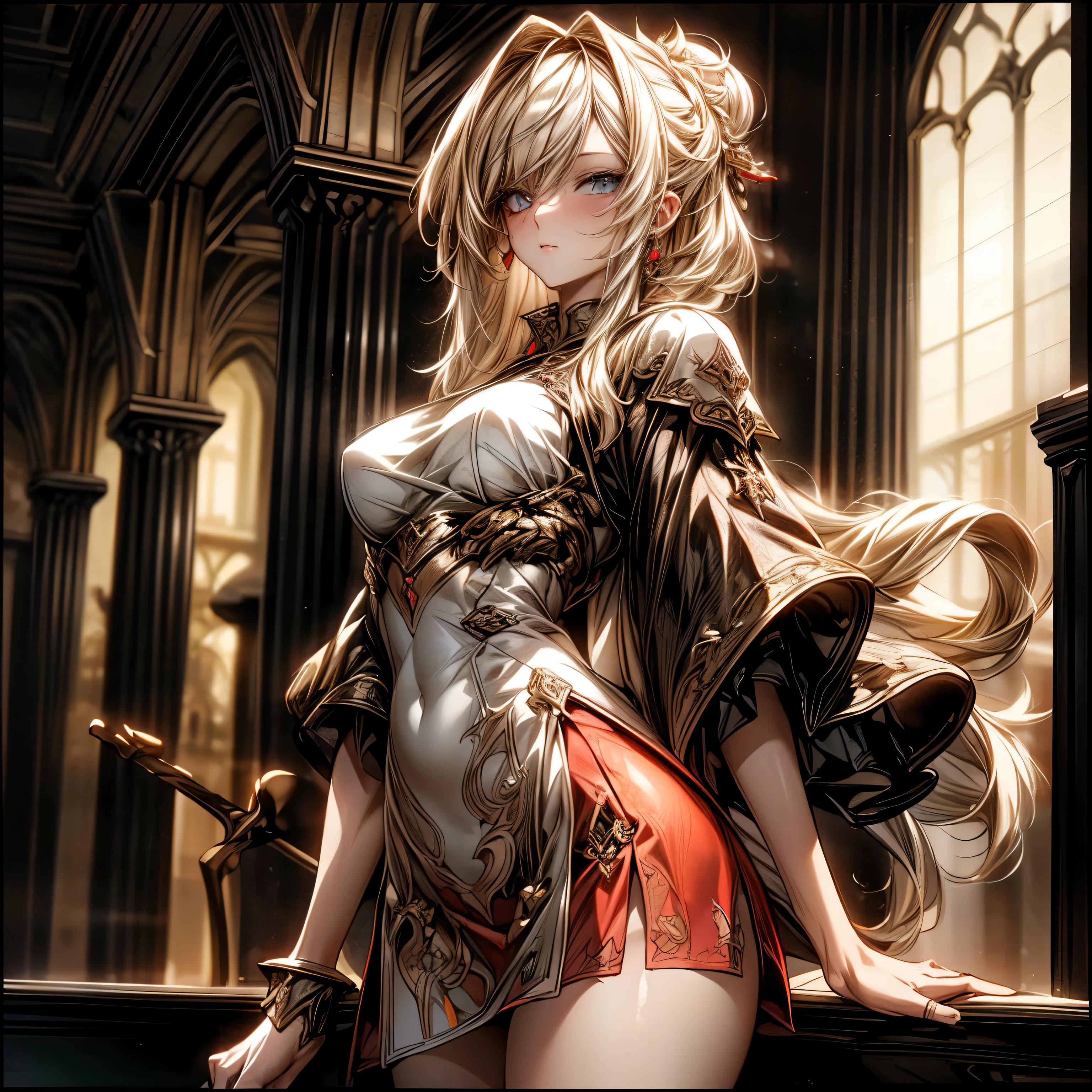 (best quality)), ((Masterpiece)), (details:1.4), 3d, HDR (high dynamic range), an image of a beautiful cyberpunk female, Cyberpunk, fantasy, medieval, Blonde hair, Curtain Bangs, Hips up, Beautiful white eyes, จมูกโด่ง, ปากแดง, หน้าอกใหญ่, nvidia RTX, PBR surface, After processing, Anisotropic filtration,depth of field, Maximum clarity and clarity, multi-layered surface, Subsurface scattering, perfect proportions, 8K raw files, ultra detailed, Perfect proportions, volumetric lighting, soft lighting, Holy Paldin, Heavy Golden Armor, glossy skin, Castle background, jewely, ต่างหู, นิ้วมือสมบูรณ์, mini red skirt,