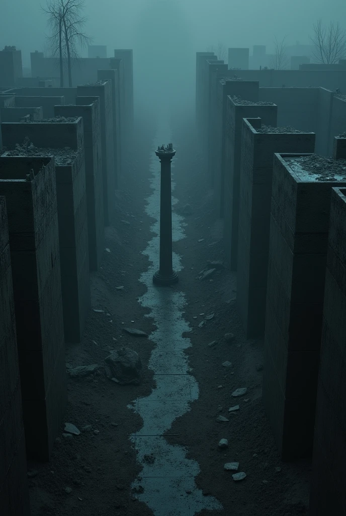 Scenario only. Ruins of an abandoned District. A destroyed column. Incomplete walls destroyed. Raby intensa. Debris all over the floor. Raby. the dark night. View from above far away