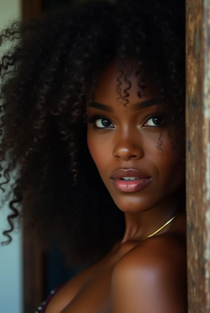 raw photo, front view close-up Facial of a hot woman with a beautiful pear-shaped curvy mulatto body, (extremely long curly black afro hair), camera captures only a slime of her face, as the other side is behind a door, [[realistic]],(glossy skin), (masterpiece: 1.4), (best quality: 1.4), RAW, hyper-realistic in high resolution UHD 8k.