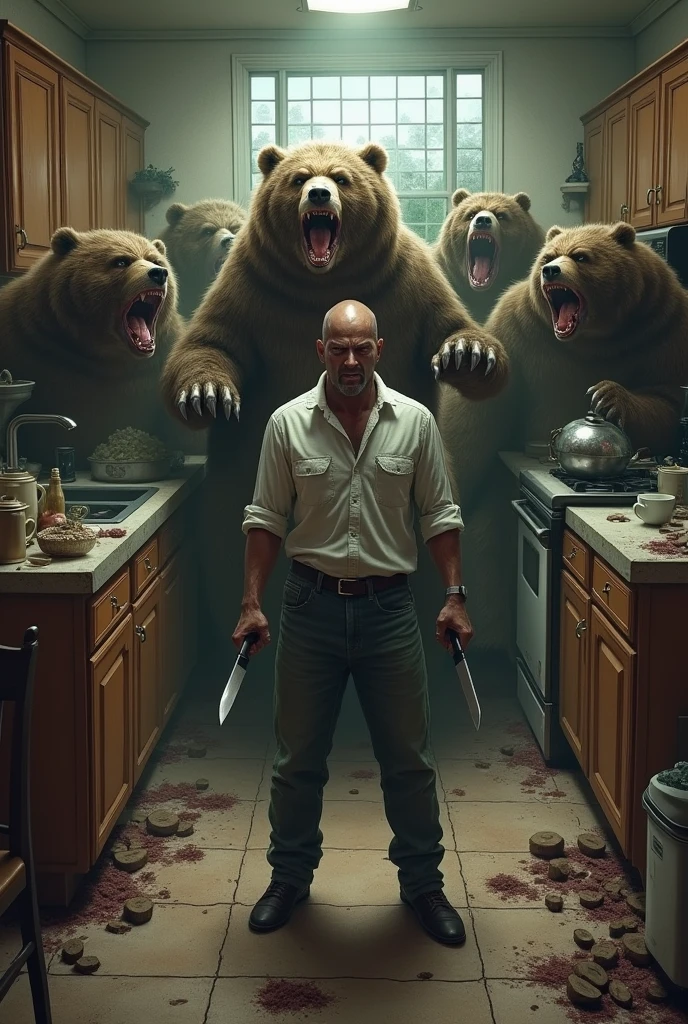 male character inside the kitchen picking up two kitchen knives to kill hungry zombie bears