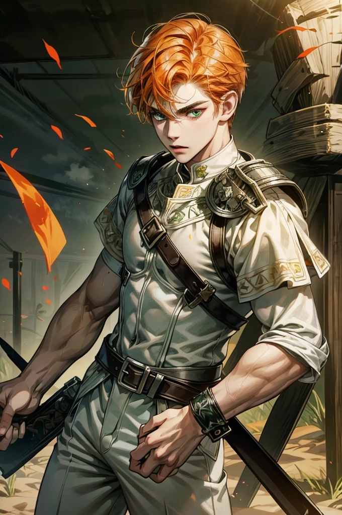 high resolution 8k, Extreme Muscular 15years old Boy, Handsome, Perfect face detail, detailed eyes and face, clean shaved, Ginger eyebrow hair, Ginger eyelashes, dynamic lighting, unreal engine, hd picture, bright-orange colored hair, short-right-swept hair ,green eyes, white skin,A military cadet, wearing medieval full plate armor, trousers bulged, in the medieval warfare, fighting against dummy with sword