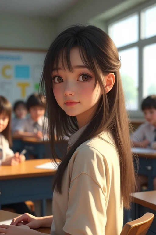 Classroom, high school students, girl is looking me lovely, shy face,shy face,high school stundent, realistic ,realistic
