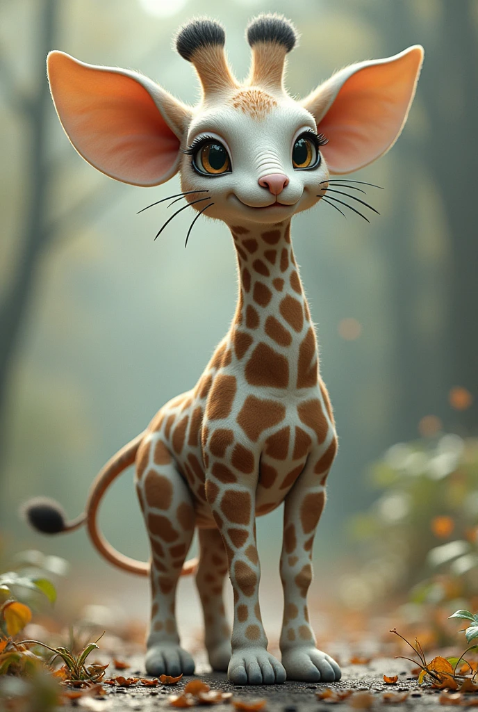 GENERATE AN IMAGINARY FRIEND: GIRAFFE BODY,rabbit ear, DOG FEET , CAT TAIL,ELEPHANT FACE