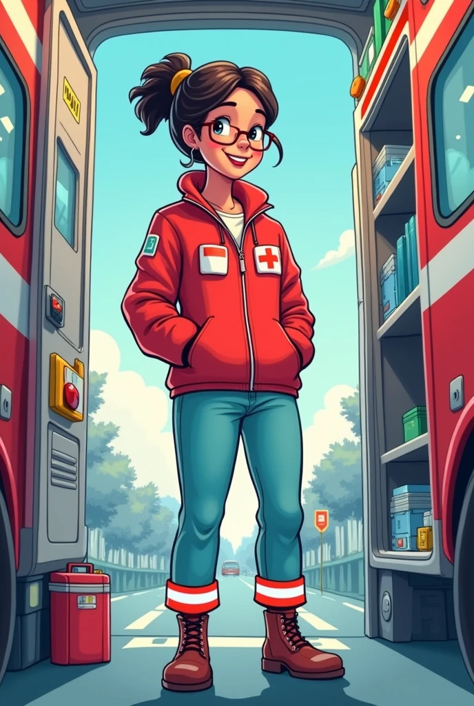 Cartoon image of a nurse in a pre-hospital care uniform consisting of : red loose jacket, Light blue trousers with reflective stripes on the hem, Security boots, that is in an ambulance
