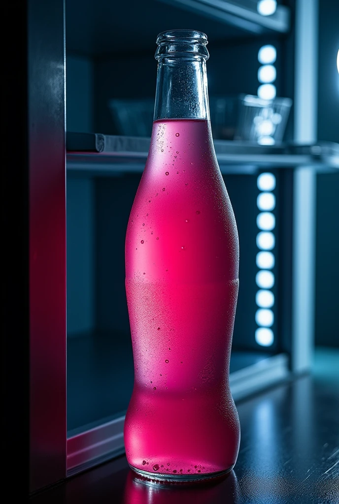 arafed bottle of PEPSI refrigerator with a pink liquid inside, dramatic product photography, commercial product photography, pbr render, hyper-realistic poison bottle, miniature product photo, product photography, product photography 4 k, hyper-realistic colorful photo, “hyper realistic, PEPSI, dramatic product photo, hyper-realistic detailed rendering, refrigerator, against a deep black background, 35mm Product Photo, brushed glass bottle, image on the horizon line, view from bottom to top"