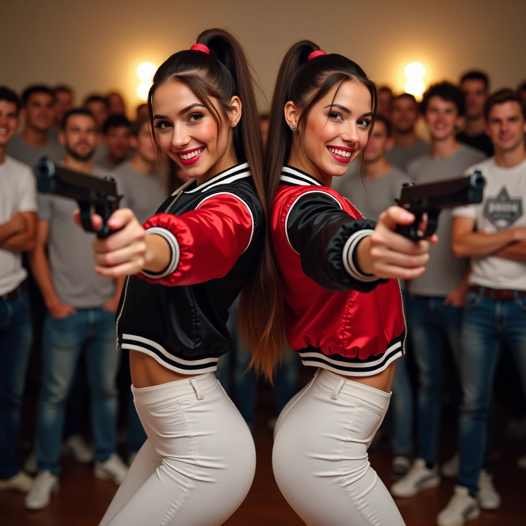 wide depth of field, wide depth of focus, f/11 lens setting, all objects in focus, full color image, 2 laughing women standing back to back, posing with pistol held strait up by face, looking at camera ,large fraternity house game room, full body image, (two tone red and black short cropped satin bomber jackets with white trim, white satin leggings), women posing with a pistol held up by face, long flowing hair worn in pony tails, confidant smile, pure form, intricate details, 8K post-production, high resolution, super detailed, Popular topics on Artstation,, Studio photos, intricate details, Very detailed, she stands in the middle of the room and she is surrounded by a large (all male) group of cheering young men wearing jeans and t-shirts who are all standing behind the women and looking at the women