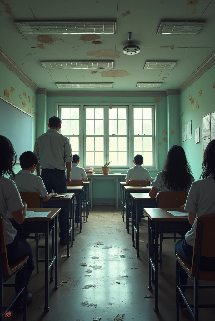 a classroom with two contrasting sides. On one side, a public school in terrible conditions: leaky ceiling, broken desks and children trying to study. on the other side, a luxurious private school, with cutting-edge technology and few students, all well equipped. the public school teacher, tired and underpaid, is shown with a large pile of evidence, while the private school teacher, smiling, has a single sheet of paper on his desk.
