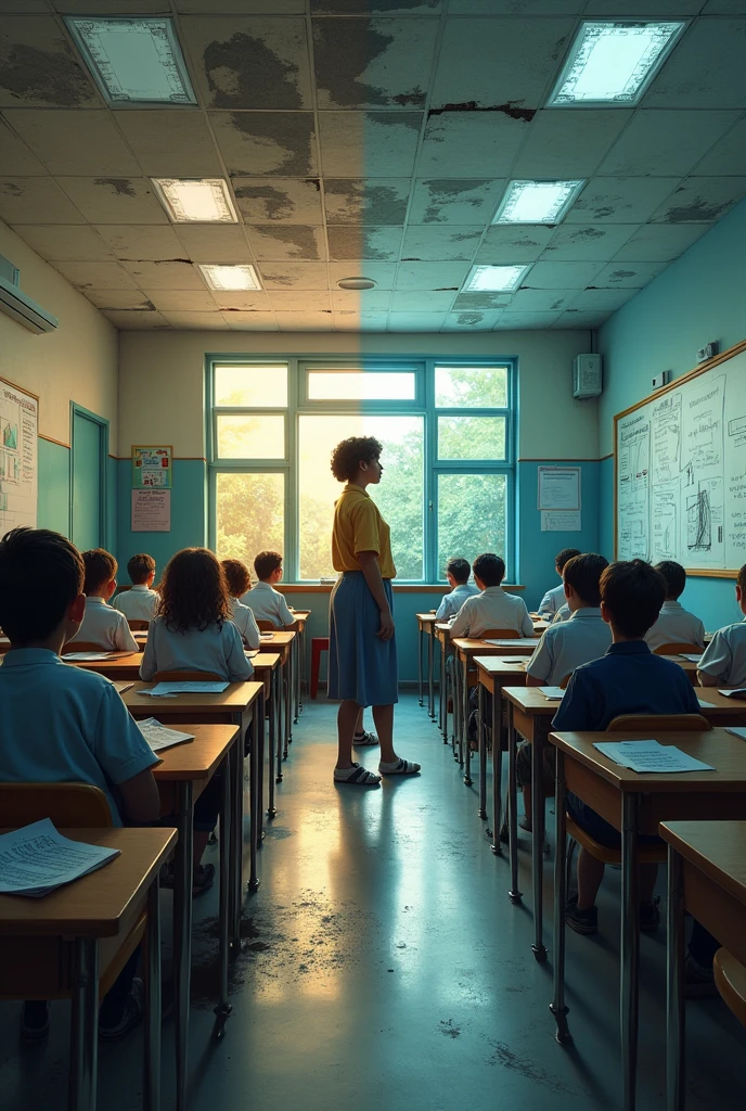 a classroom with two contrasting sides. On one side, a public school in terrible conditions: leaky ceiling, broken desks and children trying to study. on the other side, a luxurious private school, with cutting-edge technology and few students, all well equipped. the public school teacher, tired and underpaid, is shown with a large pile of evidence, while the private school teacher, smiling, has a single sheet of paper on his desk.