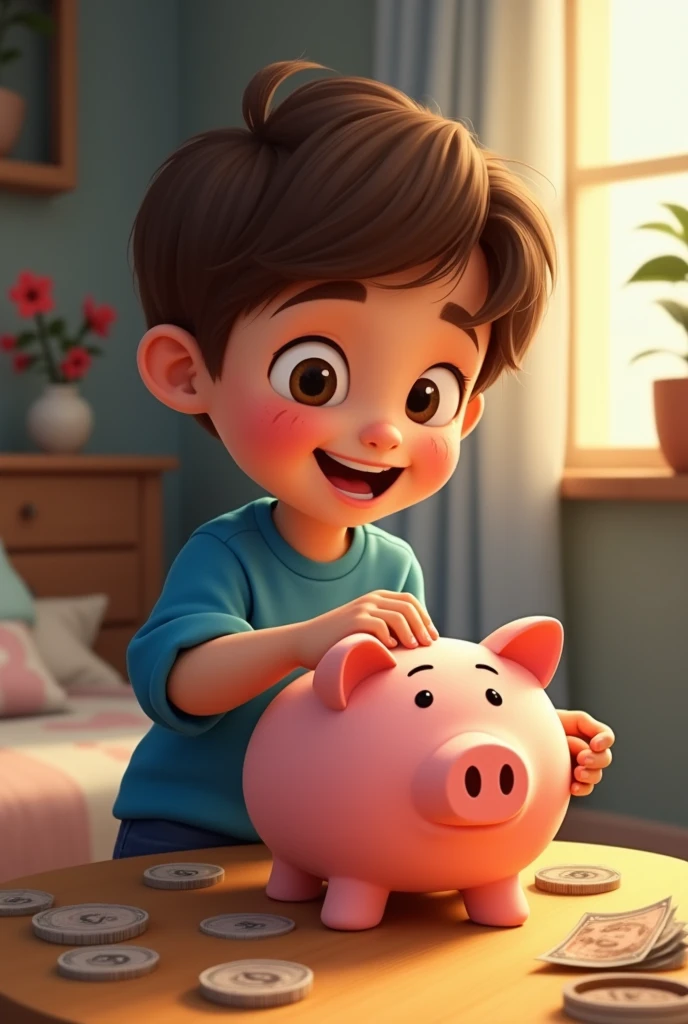 Boy in blue shirt with a piggy bank