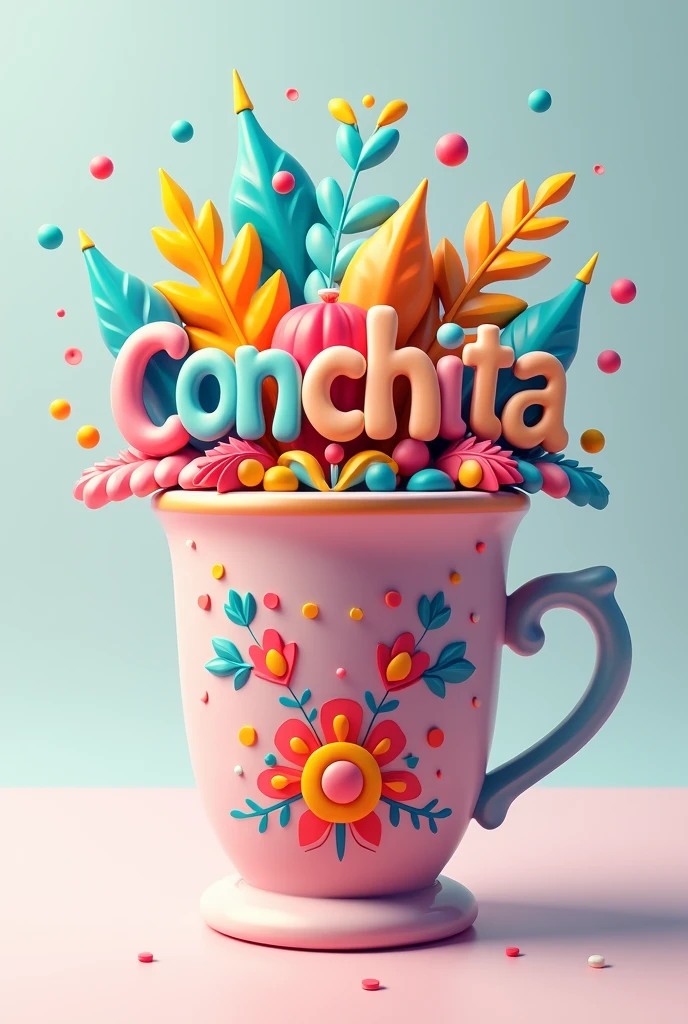 Generates an image of a cup where the name CONCHITA appears with a colorful decoration and in 3D