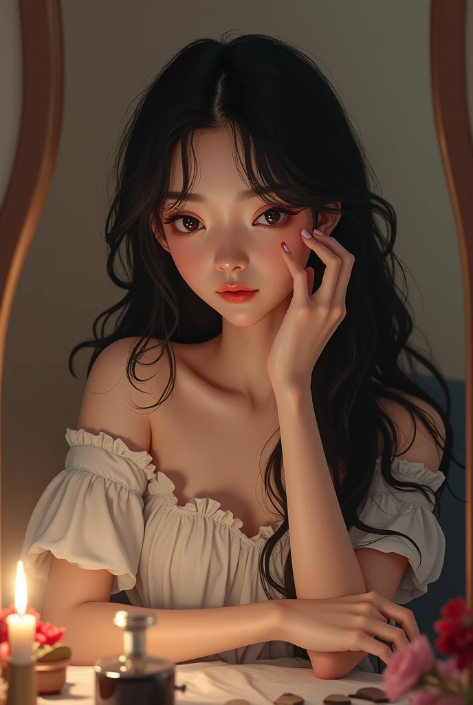 One with long black hair and fair skin in the room putting on makeup
