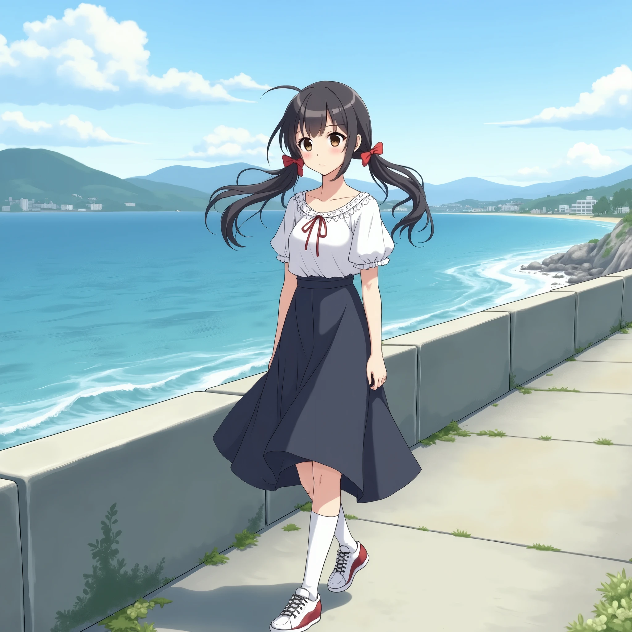 Anime Style,
A lone girl walking along the ocean..
She is wearing a cute white decorated blouse with short sleeves and no buttons., mid black flare skirt, no school uniform, no pleated skirt,
Wearing white knee-high socks, Wearing sneakers.
Her hair style is low twin tails, with red ribbons, very long length and black. Not high twin tails.
Not half-up.
Late teens, Small breasts, Has dark brown eyes.
Concrete revetment, Ocean, Ocean shoreline, Mountain, Streetscape,
Daytime, from front.