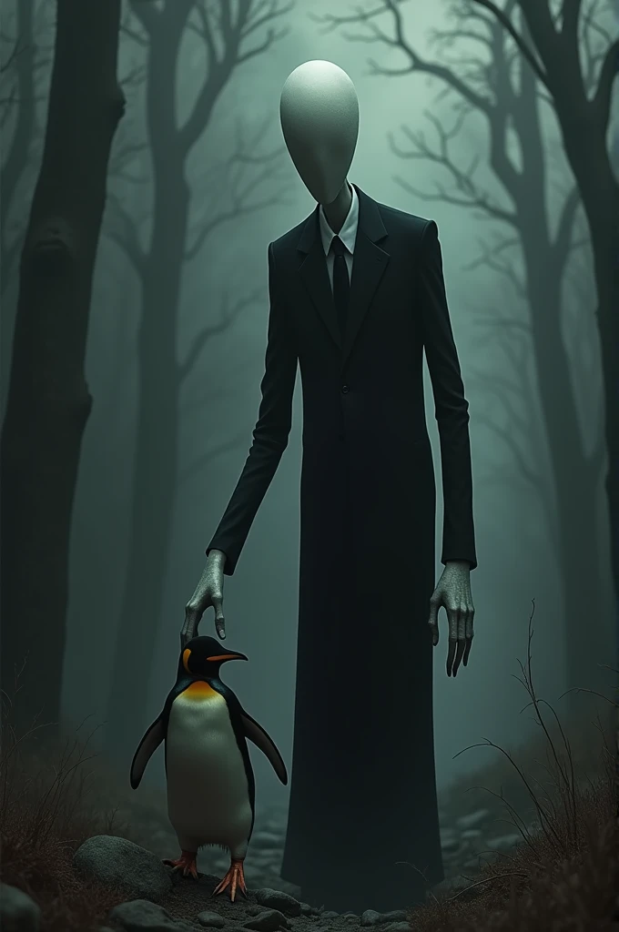 Slenderman carrying a penguin