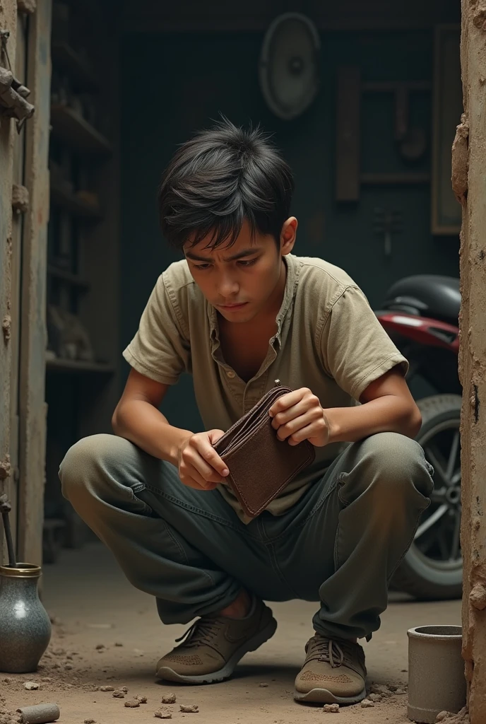 Young man crying, holding a wallet without money in his hand in front of a workshop, lamenting his broken motorcycle