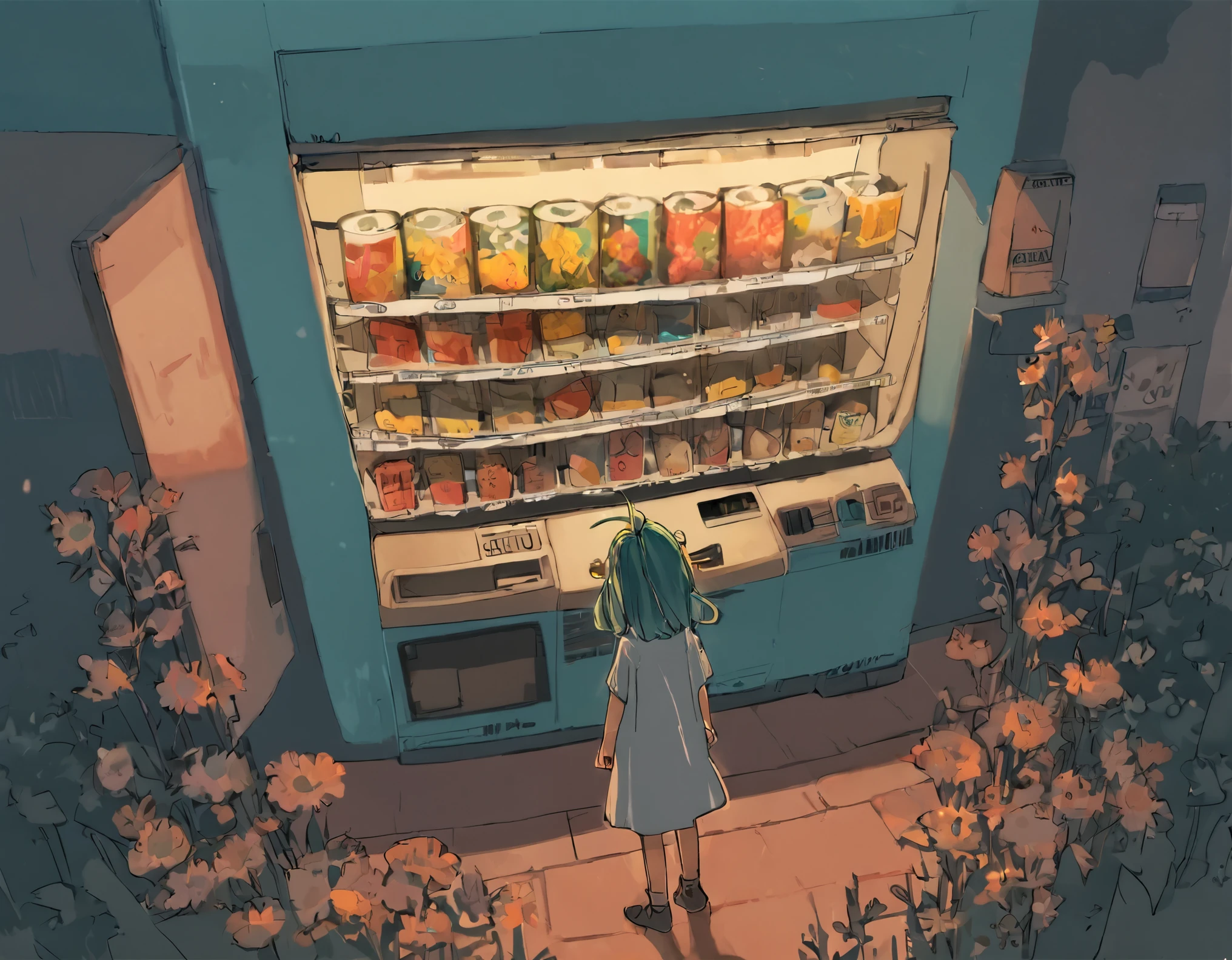 score_9, score_8_up, score_7_up, score_6_up, score_5_up, score_4_up, By Samara03, whimsical, inspired by studio Ghibli, a girl standing in front of a vending machine with flowers in it, nighttime, neon cyan color from above, neon colors, use of color theory, dutch angle, scene concept, vibrant color pallette, breathtaking, beautiful
