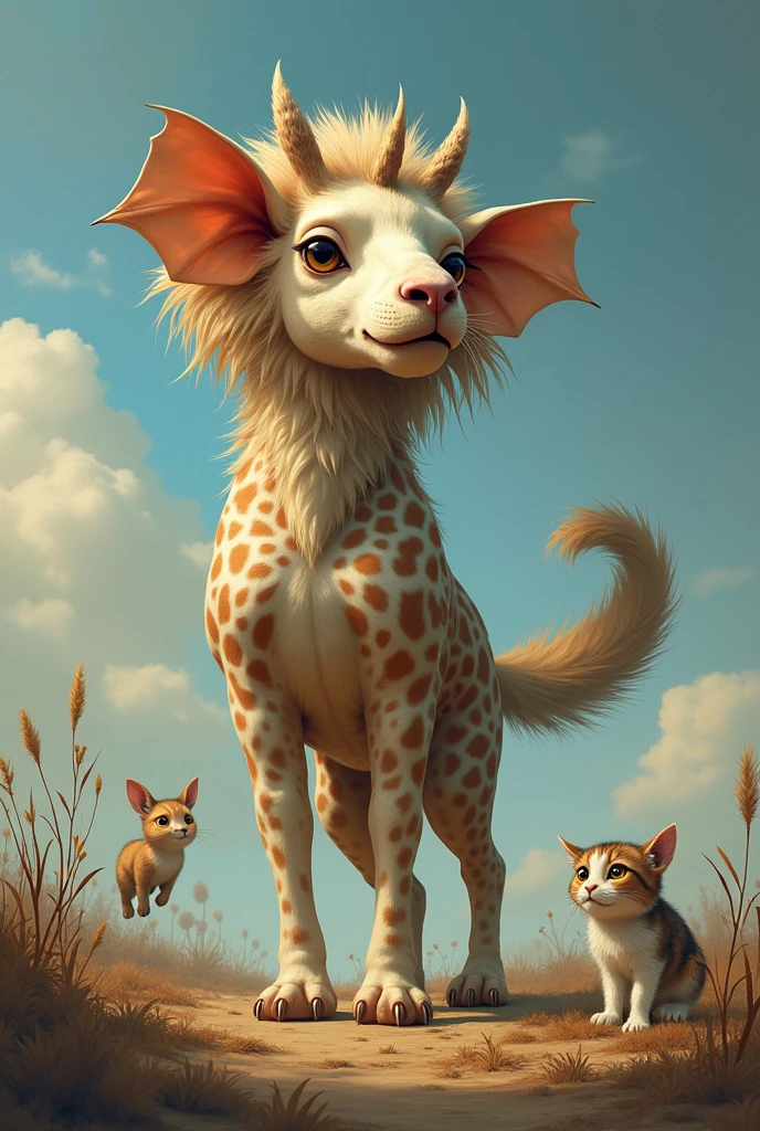 GENERATE AN IMAGINARY FRIEND: GIRAFFE BODY,rabbit ear, DOG FEET , CAT TAIL,ELEPHANT FACE, LEON'S FUR