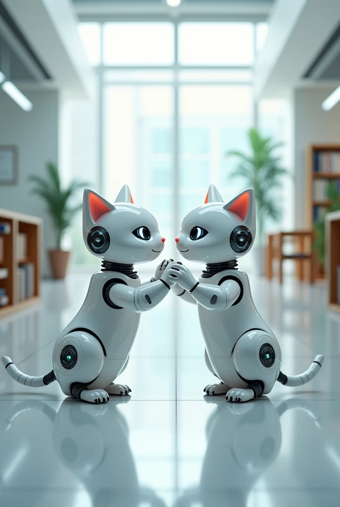 White ai cat playing with other white ai cat in school