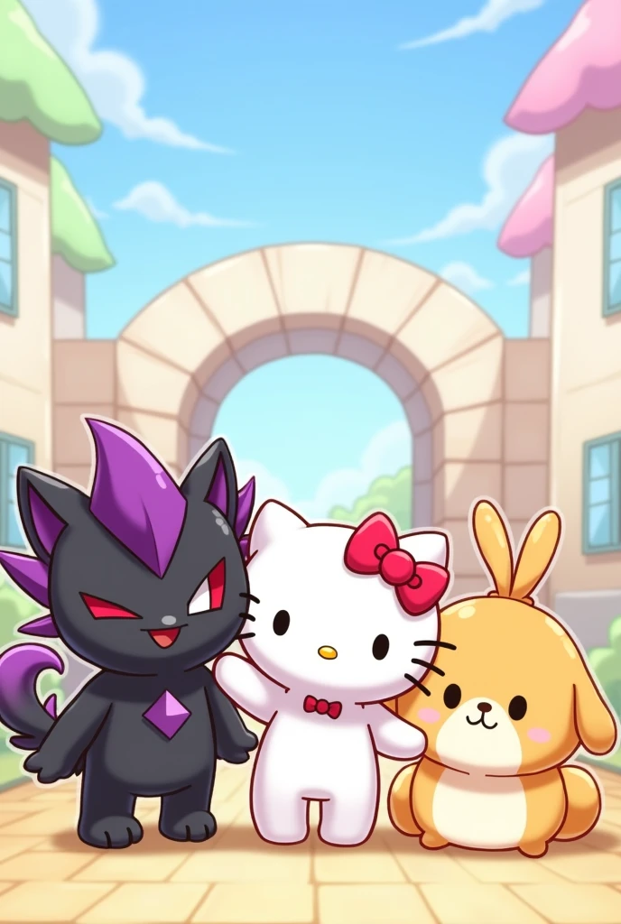 Kuromi, Hello Kitty and Pompompurin from Sanrio posing as friends
