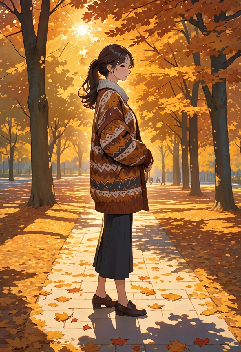 The image shows a person wearing a patterned sweater, standing outdoors in what appears to be a park or wooded area. The setting sun casts a warm, golden light, creating long shadows on the ground covered with fallen leaves. The person is holding a coat or jacket against their body with one arm while the other arm is crossed, holding the sweater. The surrounding trees contribute to a peaceful and serene autumn atmosphere.