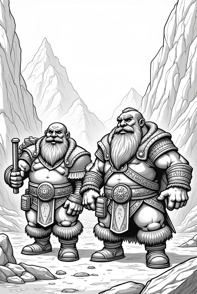 Create me a coloring page of magical dwarves, for coloring with large white areas and strong black lines