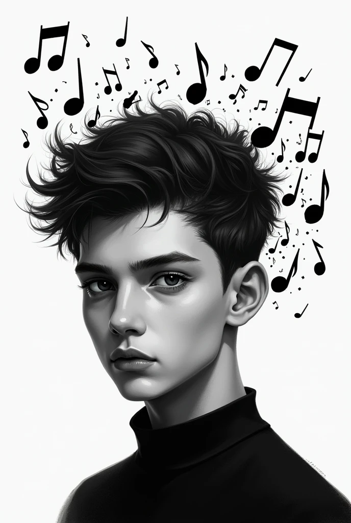 Name Adrian Gabriel in black and white with musical notes around it