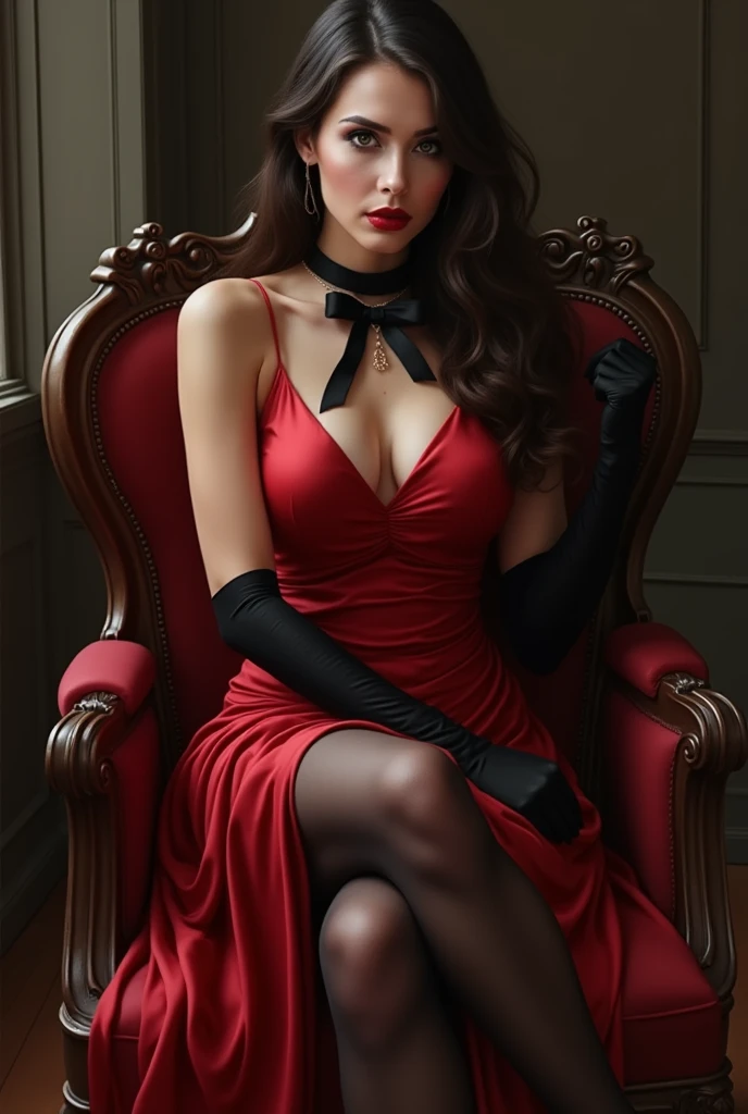 A realistic woman, 2, long hair brunette. She is wearing a red satin dress, arrivant jusqu'aux genoux. Elle porte des gants en satin noirs et un épais ruban en satin noir autour du cou dont le noeud est noué derrière sa nuque. She has a beautiful red lipstick and black doe-eyed eyeliner.. She is also wearing black stockings and red high heels and is sitting on a chair.