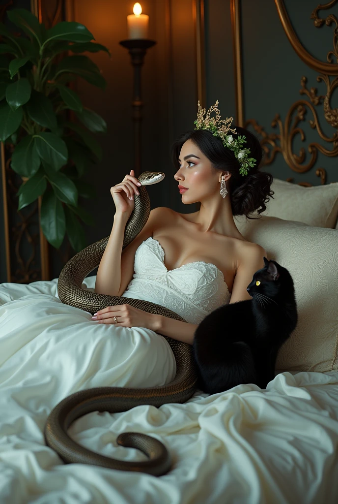 femme araffe en robe blanche allongée sur un lit avec un serpent, reine des serpents, Maxime Soukharev, Alexeï Egorov, dame séduisante, beaucoup de Merlot, Femme serpent, inspiré par Hedi Xandt, femme splendide, tenant un serpent vertdans ses bras, Anna Nikonova alias Newmilky, magnifique femme, Ekaterina, jeune déesse, chat noir, grosse poitrine, chat noir, diadème vert 