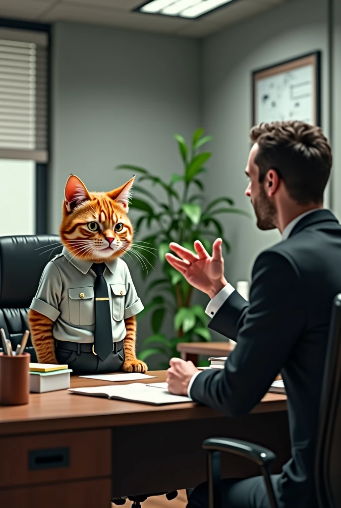 A cat dressed in office pant and shirt is fired by his boss in suit in office 