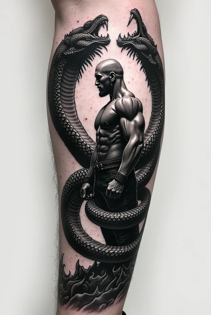 Black and white forearm tattoo showing a warrior fighting two giant snakes that wrap around his body on all sides
