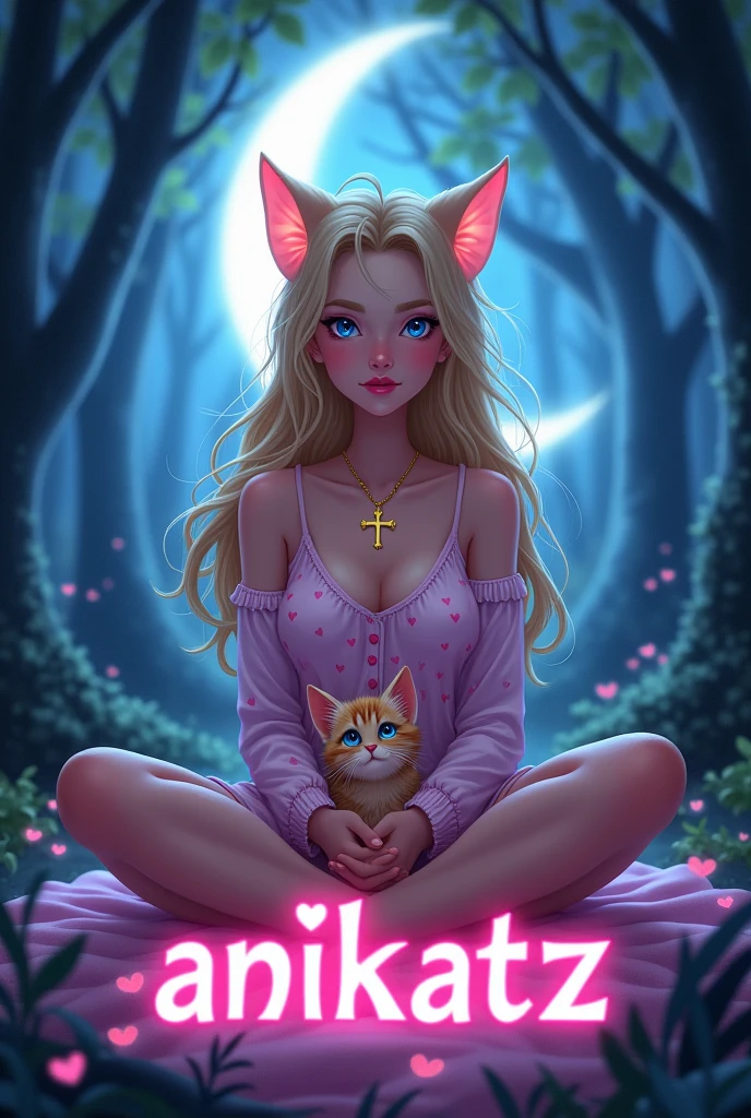 A mystical dark glowing environment in the forest. In the middle sits a woman with blue eyes, blonde, straight hair, pinken Lips, cat ears, golden necklace with cross pendant in cross-legged position. Short pajamas with hearts. She is holding a cute cuddly kitten in her hand. She smiles and throws her hair back. The crescent moon shines in the background. Below her is the word Anikatz in pink capital letters. Disney Stil 