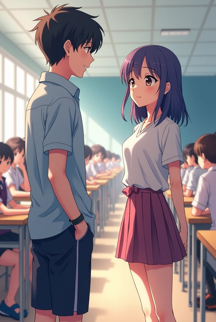Anime girl talking to a boy in front and standing with other students sitting in the background 