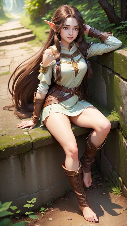 ((best quality))) (((HD))) (((8k))) (character) 20-year-old girl, ((adventurous)) elf, ((beautiful)) and ((happy)), ((brown hair)) and ((long hair)), ((barefoot boots)), ((full body))