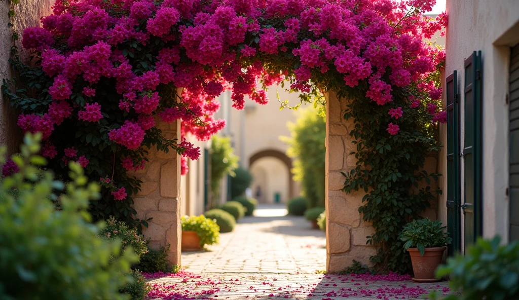 A Bougainvillea arch adorning the entrance to an alley in Provence. sun in the background. Sun Lightning penetrating through the gaps in the bougainvillea. David Hamilton Style.