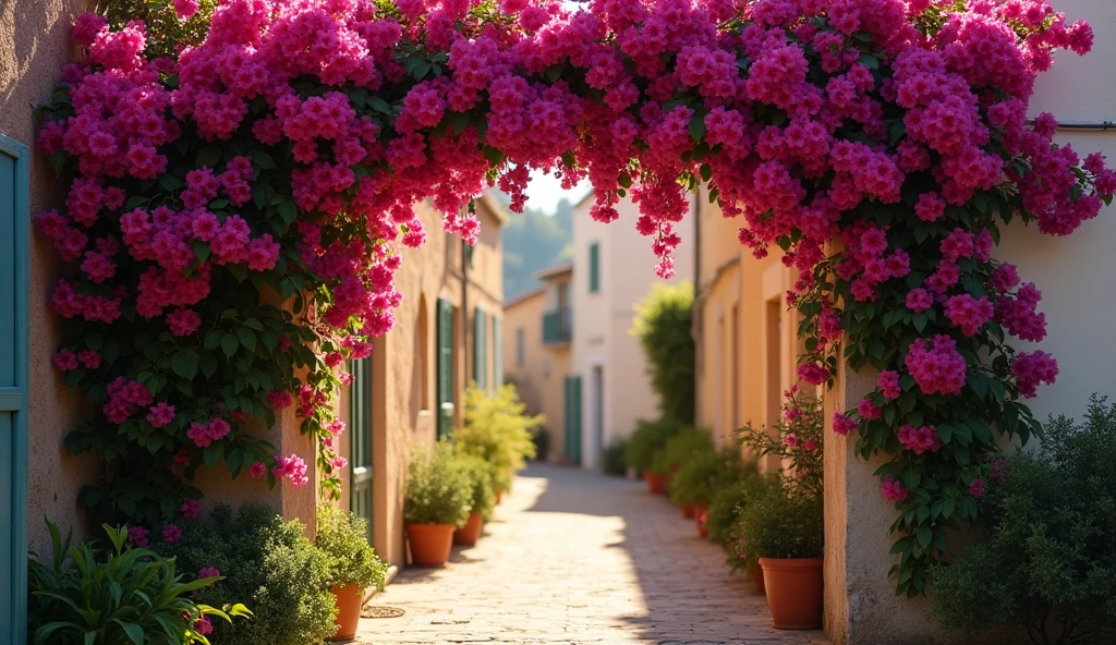 A Bougainvillea arch adorning the entrance to an alley in Provence. sun in the background. Sun Lightning penetrating through the gaps in the bougainvillea. David Hamilton Style.