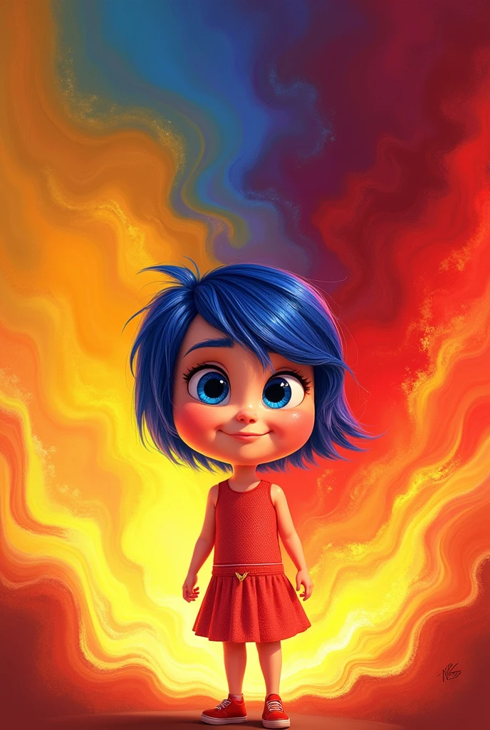 Create a drawing of the son of the characters Joy and Anger from the animated movie Inside out 2. The drawing will be the daughter of the two characters and also the facial expressions and background of the drawing created will refer to these characters.