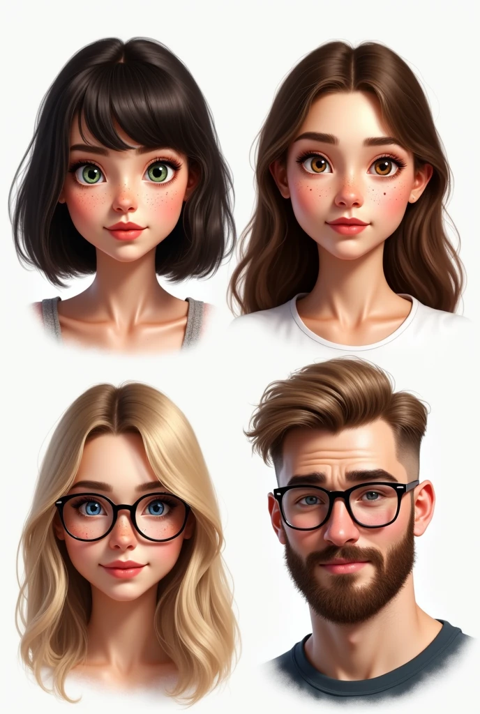 (photorealism:1.5)profile of a beautiful young woman with long dark brown hair, green eyes, and a lot of freckles. another profile of a young woman with long brown hair, brown eyes and some freckles. another profile of a young pretty woman with straight long light blond hair, blue eyes and glasses. The last profile is of a young masculine chubby man with short kind of buzzcut blond hair, blue eyes, glasses and a beard. faces are looking into the camera, pretty small and loosely arranged on a white background