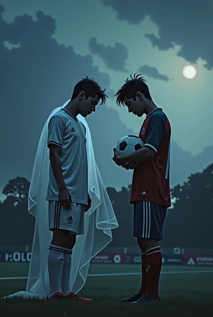 A sorrowful scene depicting two young male soccer players, Juan Izquierdo and Diego Hernández. They are standing side by side on a dimly lit soccer field at dusk. Juan Izquierdo appears ghostly, semi-transparent, as if he's fading away, symbolizing his recent passing. Diego Hernández is looking down, visibly emotional, with tears in his eyes, holding a soccer ball close to his chest. The sky is overcast, with dark clouds and a soft, muted light filtering through, emphasizing the somber mood.