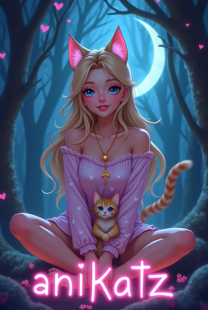 A mystical dark glowing environment in the forest. In the middle sits a woman with blue eyes, blonde, straight hair, pinken Lips, cat ears, golden necklace with cross pendant in cross-legged position. Short pajamas with hearts. She is holding a cute cuddly kitten in her hand. She smiles and throws her hair back. The crescent moon shines in the background. Below her is the word Anikatz in pink capital letters. Disney Stil