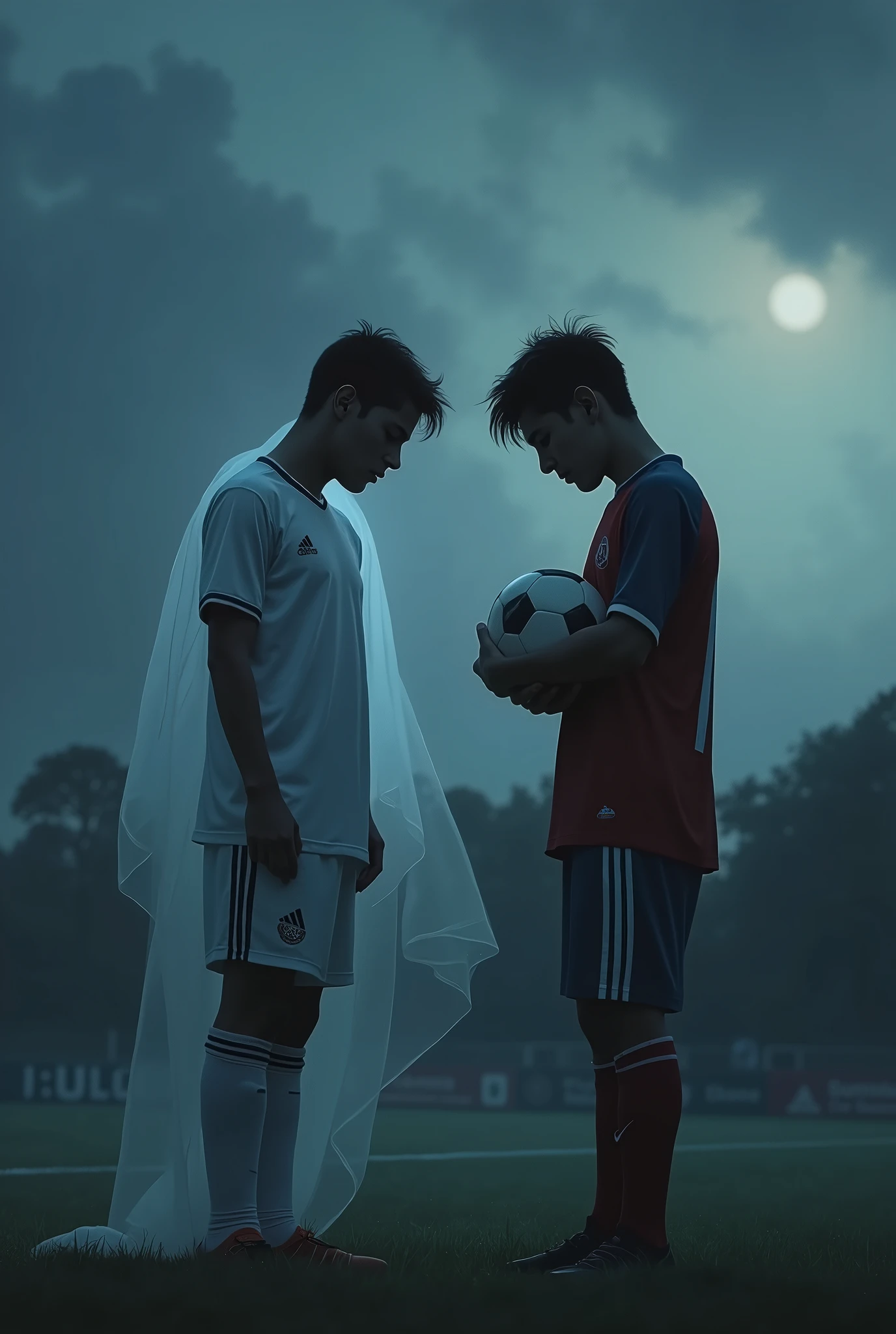 A sorrowful scene depicting two young male soccer players, Juan Izquierdo and Diego Hernández. They are standing side by side on a dimly lit soccer field at dusk. Juan Izquierdo appears ghostly, semi-transparent, as if he's fading away, symbolizing his recent passing. Diego Hernández is looking down, visibly emotional, with tears in his eyes, holding a soccer ball close to his chest. The sky is overcast, with dark clouds and a soft, muted light filtering through, emphasizing the somber mood.