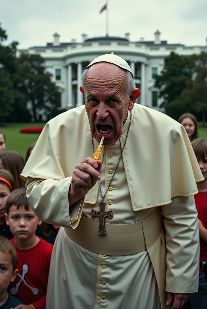 Pope Francis getting high on a crack pipe, surrounded by children, crazy face, very stoned face outside the White House