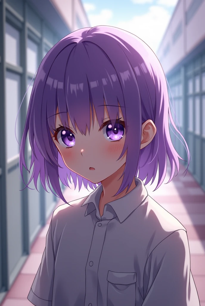 Shouta is an elementary school boy with both purple hair and eyes, his bangs reach well below his eyebrows. His appearance looks somewhat androgynous.