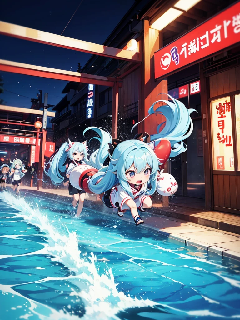 Light blue long hair、Twin-tailed Chibi Character、Chasing after Yakiniku、Running desperately to escape、Yakiniku Splash Art、