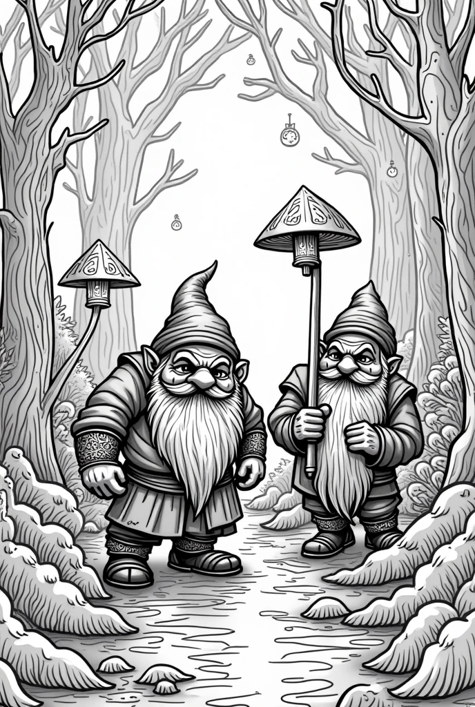 Create me a coloring picture of magical dwarves in the enchanted forest, for coloring with large white areas and strong black lines