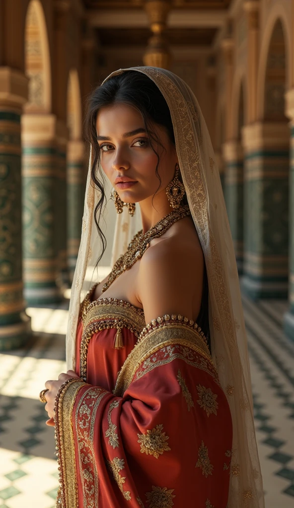 Generate an ultra-realistic 4K image of a beautiful Barbary woman in a grand Ottoman palace, dressed in luxurious, tastefully styled clothing. She should be adorned in richly embroidered silk, with intricate jewelry, and a delicate veil partially covering her face, highlighting her elegance and beauty. The setting should be a lavish palace interior with ornate tile work, arched doorways, and lush fabrics, capturing the opulence of the era. Soft, warm lighting should create an atmosphere of romance and mystique, evoking the fantasy and allure of orientalism