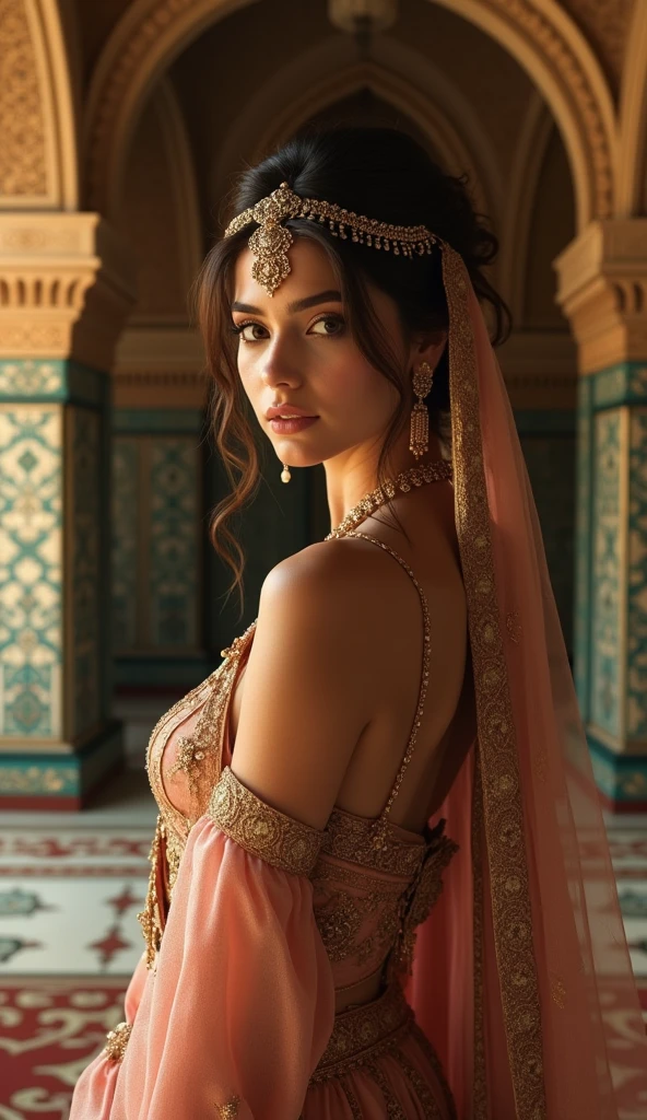 Generate an ultra-realistic 4K image of a beautiful Barbary woman in a grand Ottoman palace, dressed in luxurious, tastefully styled clothing. She should be adorned in richly embroidered silk, with intricate jewelry, and a delicate veil partially covering her face, highlighting her elegance and beauty. The setting should be a lavish palace interior with ornate tile work, arched doorways, and lush fabrics, capturing the opulence of the era. Soft, warm lighting should create an atmosphere of romance and mystique, evoking the fantasy and allure of orientalism