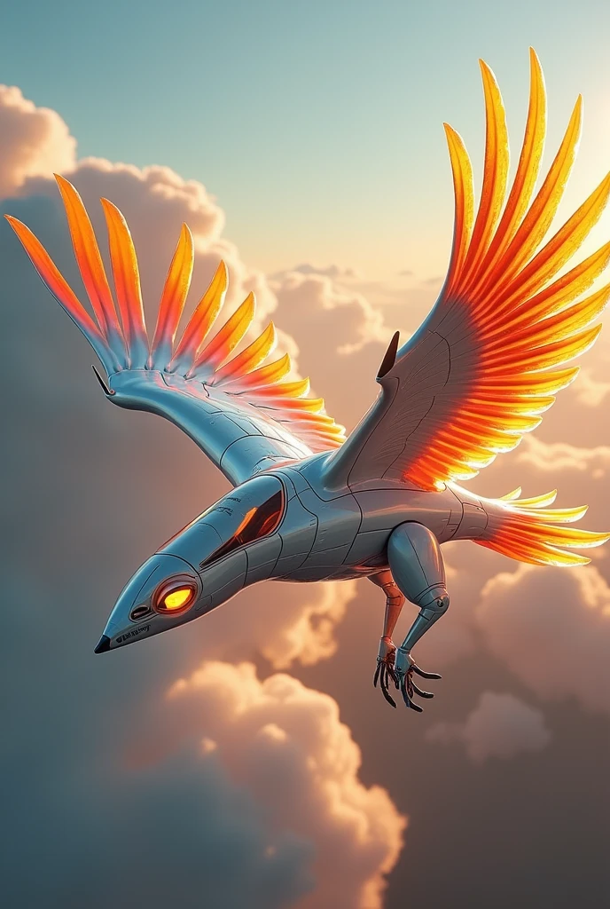 a phoenix airplane macha from white metal, soaring on the sky, metal reflection body, cinematic lighting, spreading the wings and gliding, gliding pose, glowing orange eyes, glowing steel orange wings, glowing steel orange tails, iron claw, bright color, morning glory cloud background, highly detailed, futurism, sci-fi theme