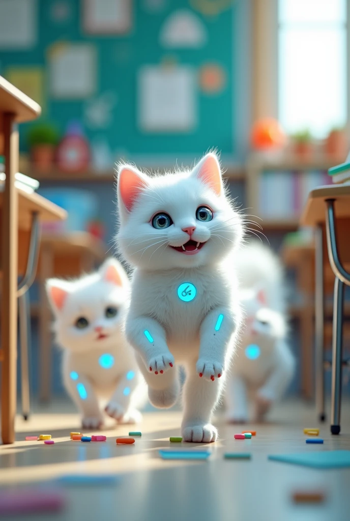 White ai cats playing in ground in school